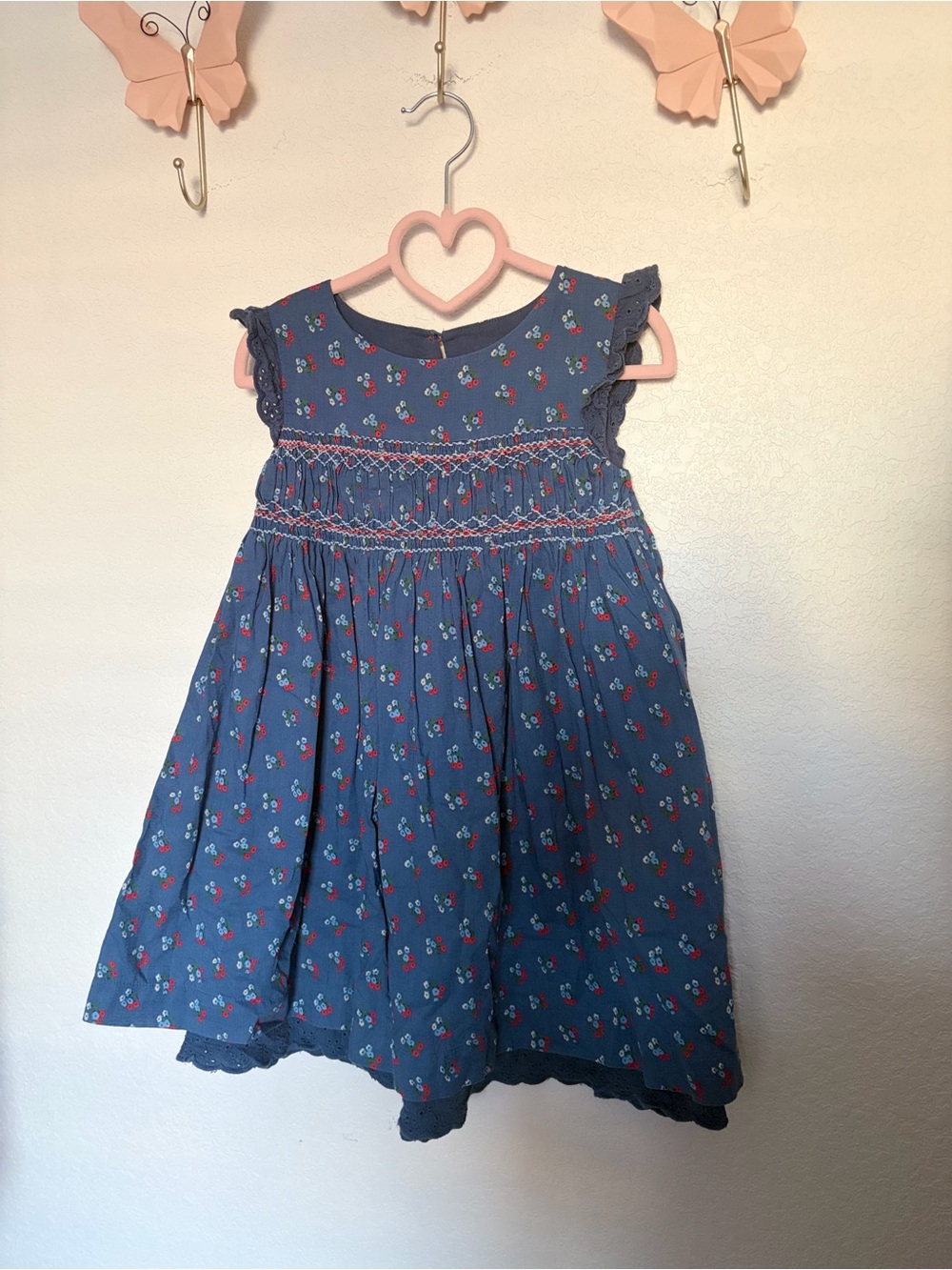 Mini Boden Blue Floral Smocked Dress with Red Accents